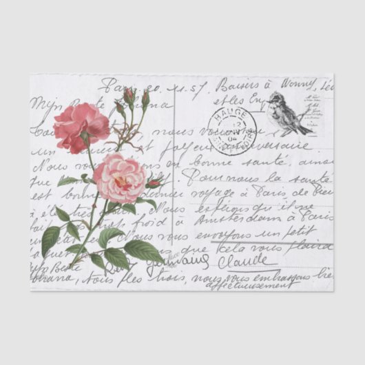 Französische Script Vintage Rose Bird Postcard Seidenpapier (Vorderseite)