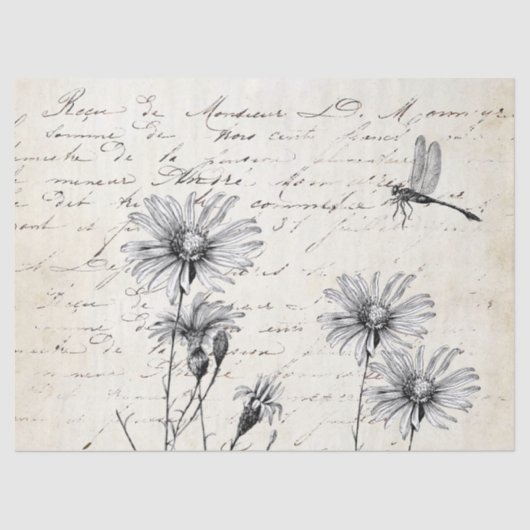 Französische Script-Wildblume Dragonfly Decoupage Seidenpapier (Vorderseite)