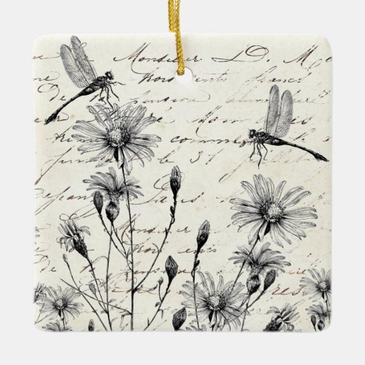 Französische Script-Wildblume Dragonfly Weihnachts Keramikornament (Vorderseite)