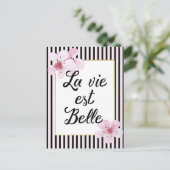 Französische Streifen und Blume, rosa und schwarz Postkarte (Stehend Vorderseite)
