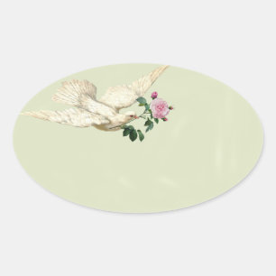 Französische Taube mit rosa Rose auf flüstergrün Ovaler Aufkleber