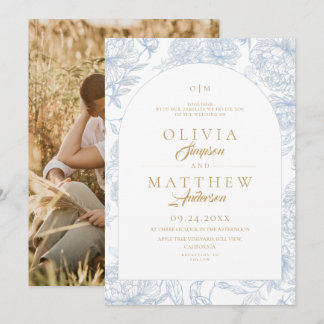 Französische Toile Blumen Hochzeit Blau Einladung