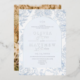 Französische Toile Blumen Hochzeit Blau  Folieneinladung