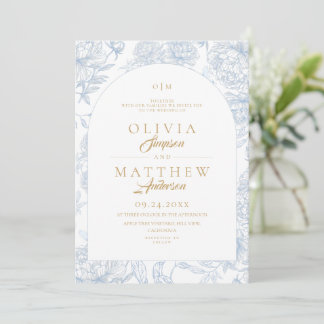 Französische Toile Blumenstaub Blau Hochzeit Einladung