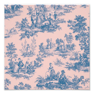 Französische Toile de Jouy blau und rosa elegant Fotodruck