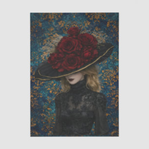 Französische viktorianische Frau Schwarz Kleid Hut Seidenpapier