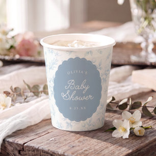 Französische Vintage-Blumenmotive Blaue Baby-Party Pappbecher