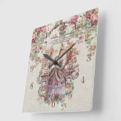 Französische Vintage Dame mit Rose Quadratische Wanduhr (Winkel)