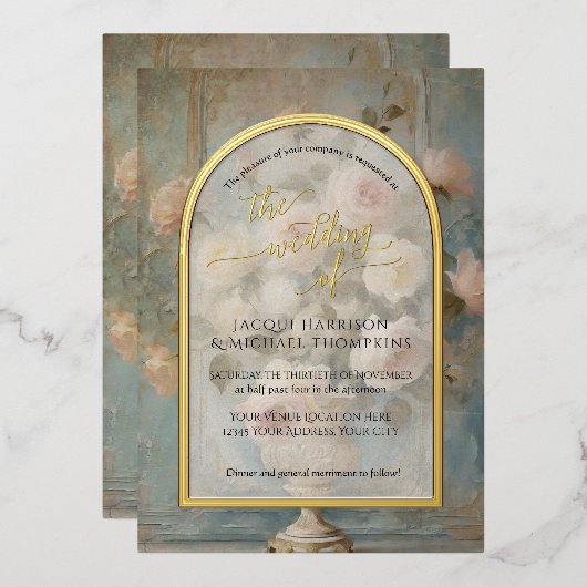 Französische Vintage Hochzeit in pink-rosa Rose Folieneinladung (Vorderseite/Rückseite)