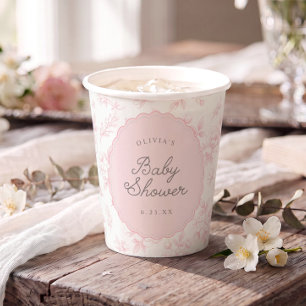 Französische Vintage-Rosa-Blumen-Babyparty-Tassen Pappbecher
