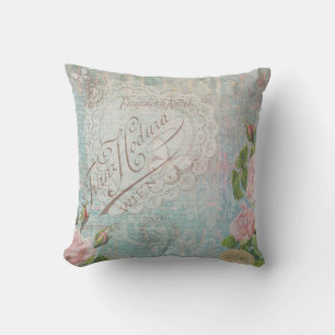 Französische Vintage Rosen und Herz-CollageBleu Kissen