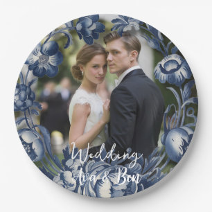Französische Vintage-Toile-Blumenhochzeit in Blau Pappteller