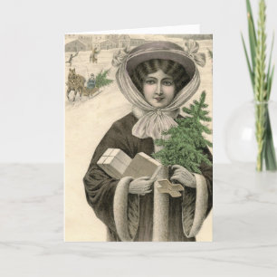 Französische Vintage-Weihnachtskarte mit Dame Feiertagskarte