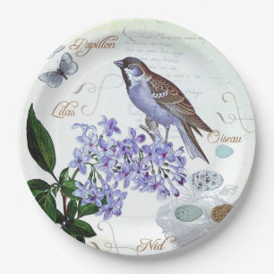 Französische Vogel-Blumencollagen-Vintager Blick Pappteller
