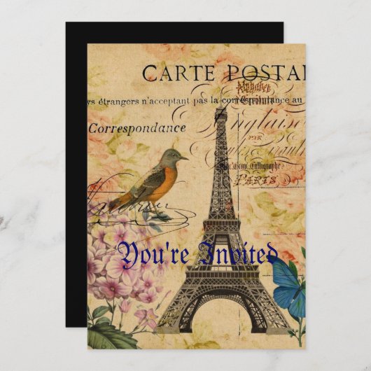 Französische Vogel Paris Eiffelturm Einladung (Vorne/Hinten)