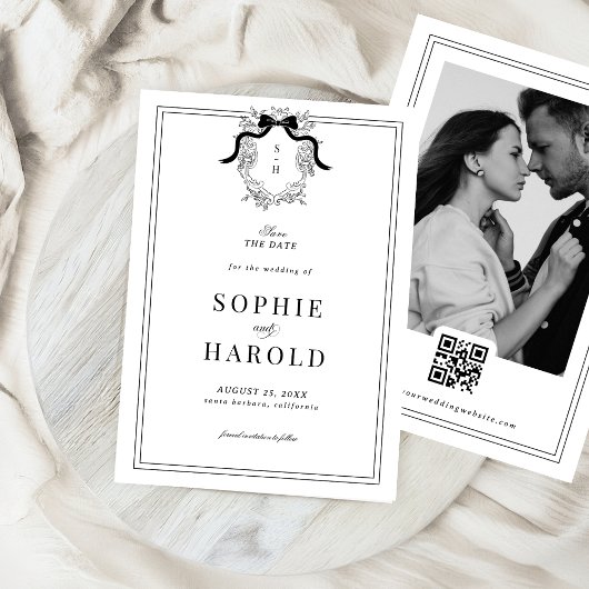 Französische Wappen-Kokette-Bogen-Monogramm-QR-Cod Save The Date