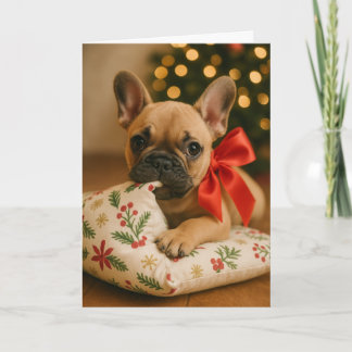 Französische Weihnachtskarte – Welpe auf Kissen Karte