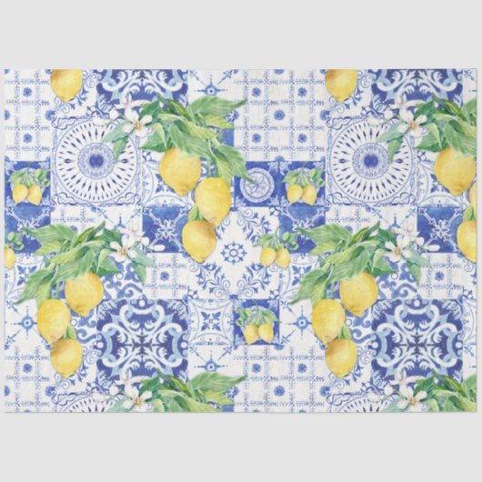 Französischer Bauernhof Lemon Blue n White Tile De Seidenpapier (Vorderseite)
