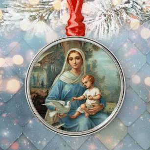 Französischer blauer Madonnen-Schmuck Ornament Aus Metall