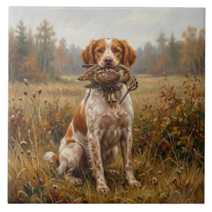 Französischer Brittany Spaniel mit Waldschnepfe Fliese