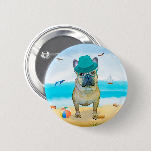 Französischer Bulldog am Strand Button (Vorne & Hinten)