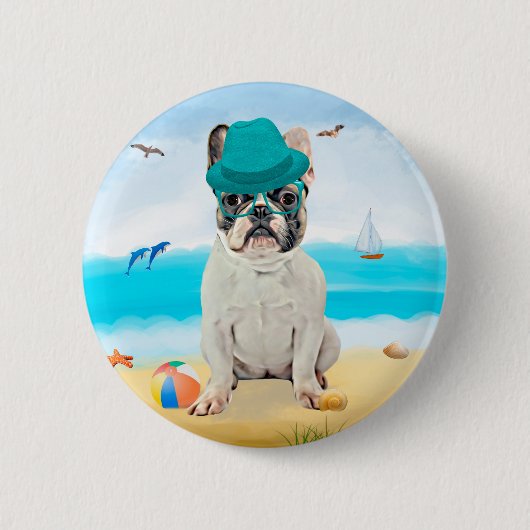 Französischer Bulldog am Strand Button (Vorderseite)