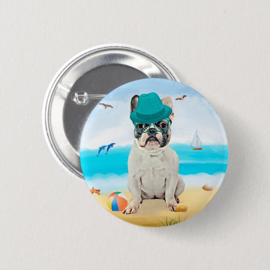 Französischer Bulldog am Strand Button (Vorne & Hinten)
