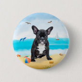 Französischer Bulldog am Strand Button (Vorderseite)
