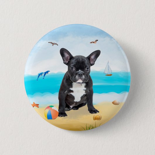 Französischer Bulldog am Strand Button (Vorderseite)