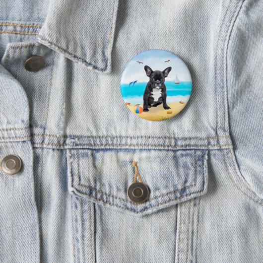 Französischer Bulldog am Strand Button (Beispiel)