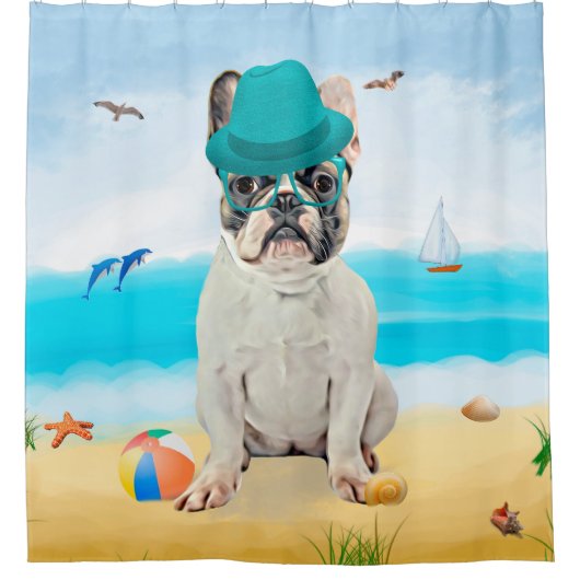 Französischer Bulldog am Strand Duschvorhang (Vorderseite)