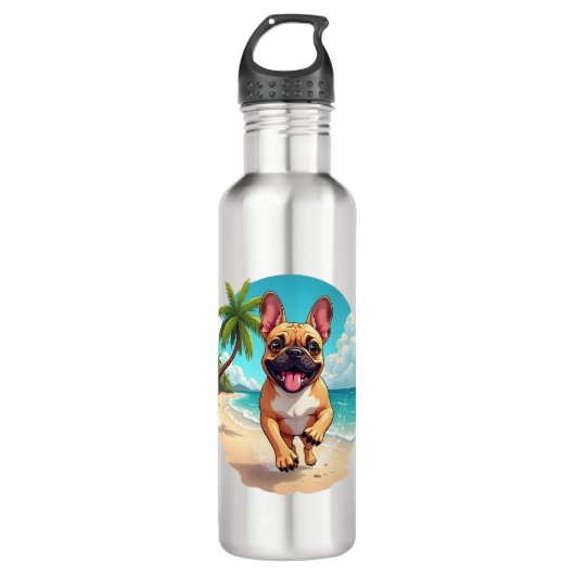 Französischer Bulldog am Strand Edelstahlflasche (Vorderseite)