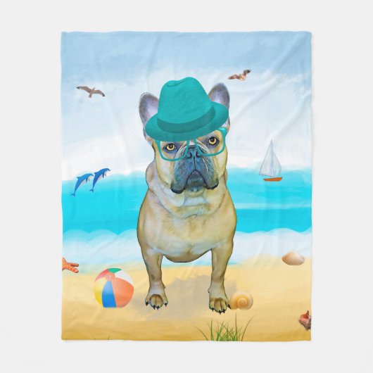 Französischer Bulldog am Strand Fleecedecke (Vorderseite)
