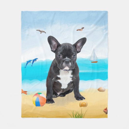Französischer Bulldog am Strand Fleecedecke (Vorderseite)