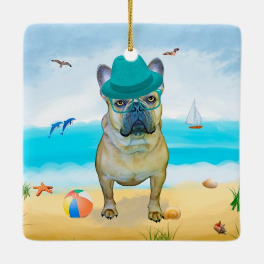 Französischer Bulldog am Strand Keramikornament (Rückseite)