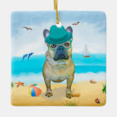 Französischer Bulldog am Strand Keramikornament (Vorderseite)