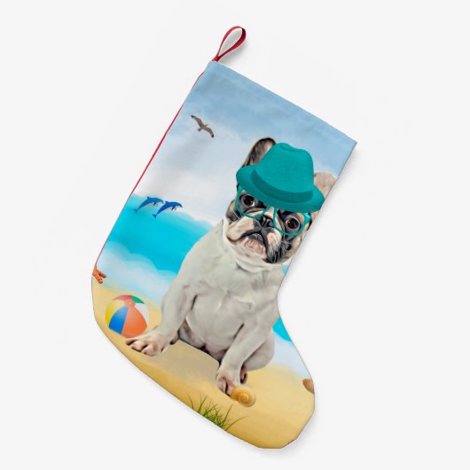 Französischer Bulldog am Strand Kleiner Weihnachtsstrumpf (Vorderansicht (hängend))