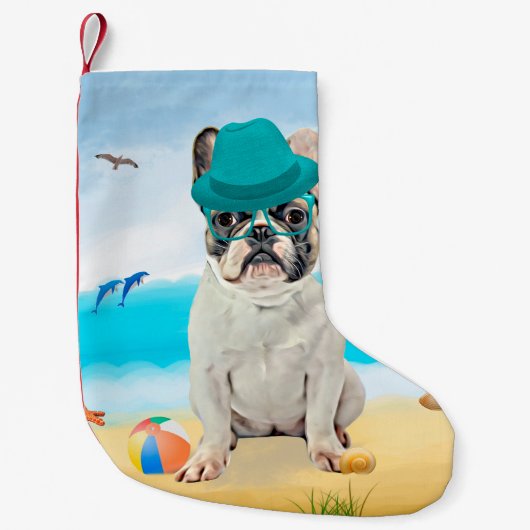 Französischer Bulldog am Strand Kleiner Weihnachtsstrumpf (Vorderseite)