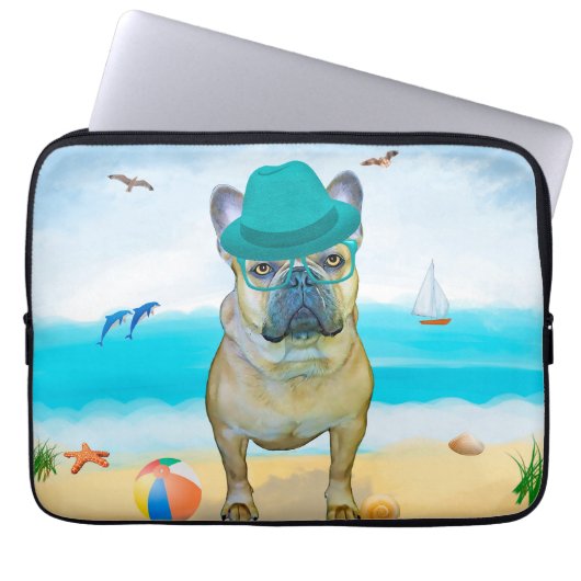 Französischer Bulldog am Strand Laptopschutzhülle (Vorderseite)