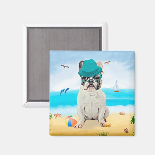 Französischer Bulldog am Strand Magnet (Vorderseite/Rückseite)