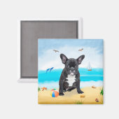 Französischer Bulldog am Strand Magnet (Vorderseite/Rückseite)