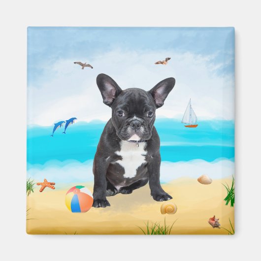 Französischer Bulldog am Strand Magnet (Vorne)