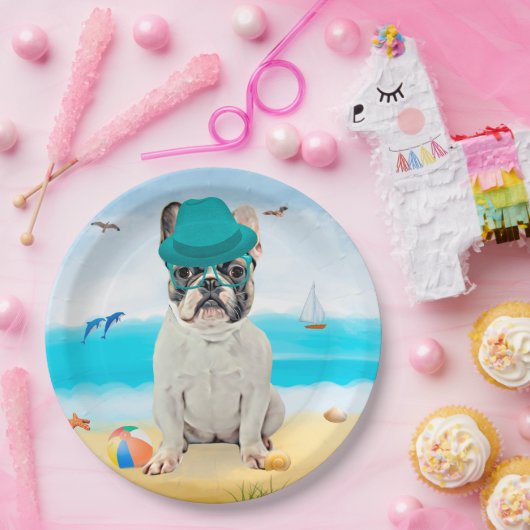 Französischer Bulldog am Strand Pappteller (Party)