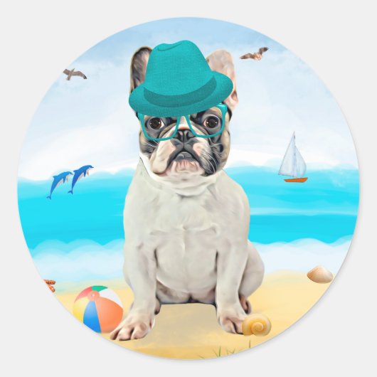 Französischer Bulldog am Strand Runder Aufkleber (Vorderseite)