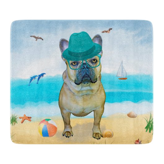 Französischer Bulldog am Strand Schneidebrett (Vorderseite)