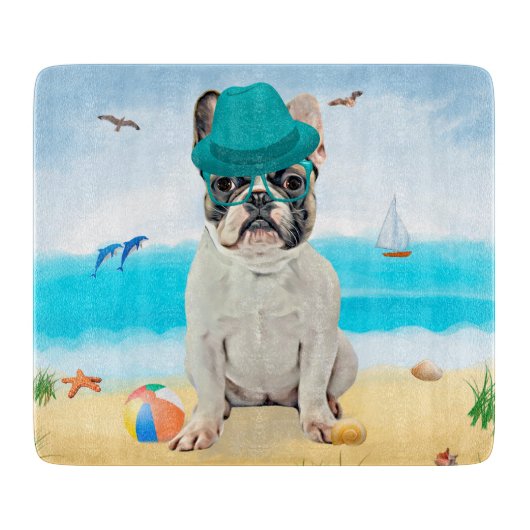 Französischer Bulldog am Strand Schneidebrett (Vorderseite)