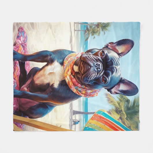 Französischer Bulldog am Strand, Sommergeschenk fü Fleecedecke (Vorderseite (Horizontal))