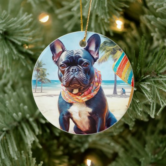 Französischer Bulldog am Strand, Sommergeschenk fü Keramik Ornament (Baum)