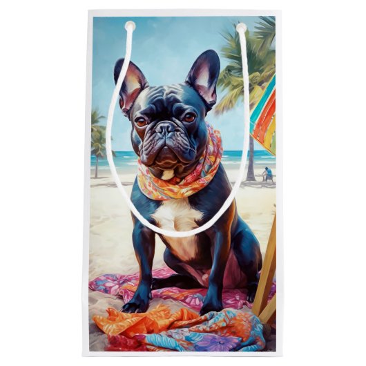 Französischer Bulldog am Strand, Sommergeschenk fü Kleine Geschenktüte (Vorderseite)