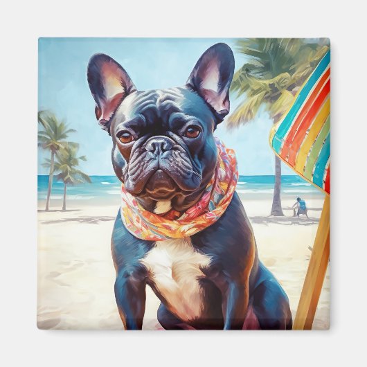 Französischer Bulldog am Strand, Sommergeschenk fü Magnet (Vorne)